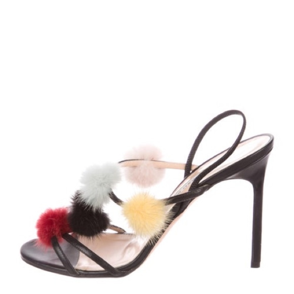 Manolo Blahnik Black Leather Slingback Heels with Multicolor Pom Poms